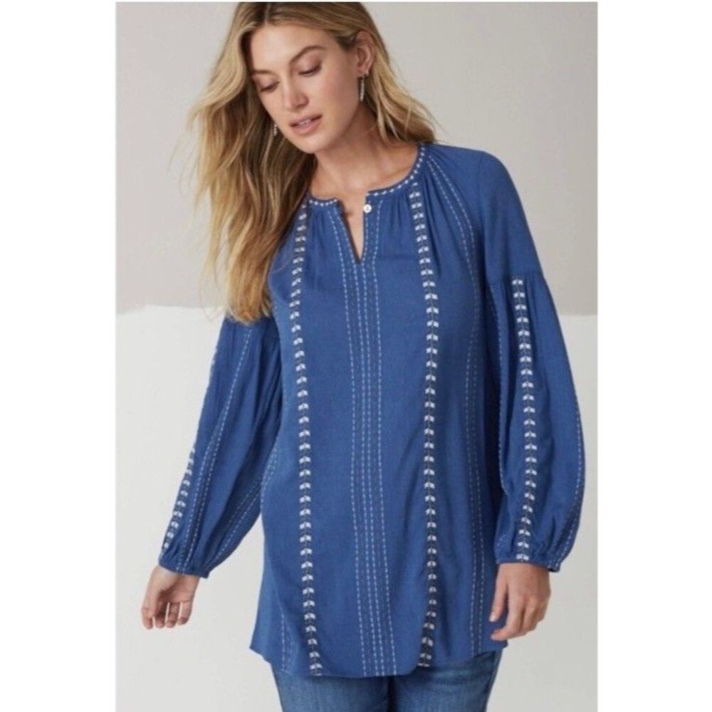 J Jill Womens Plus Size 2X Blue Embroidered Peasant Tunic Blouse